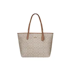 Coach City 33 Classic Monogram Large Tote Bag for Women, Coated Canvas and Smooth Leather, Beige Tan