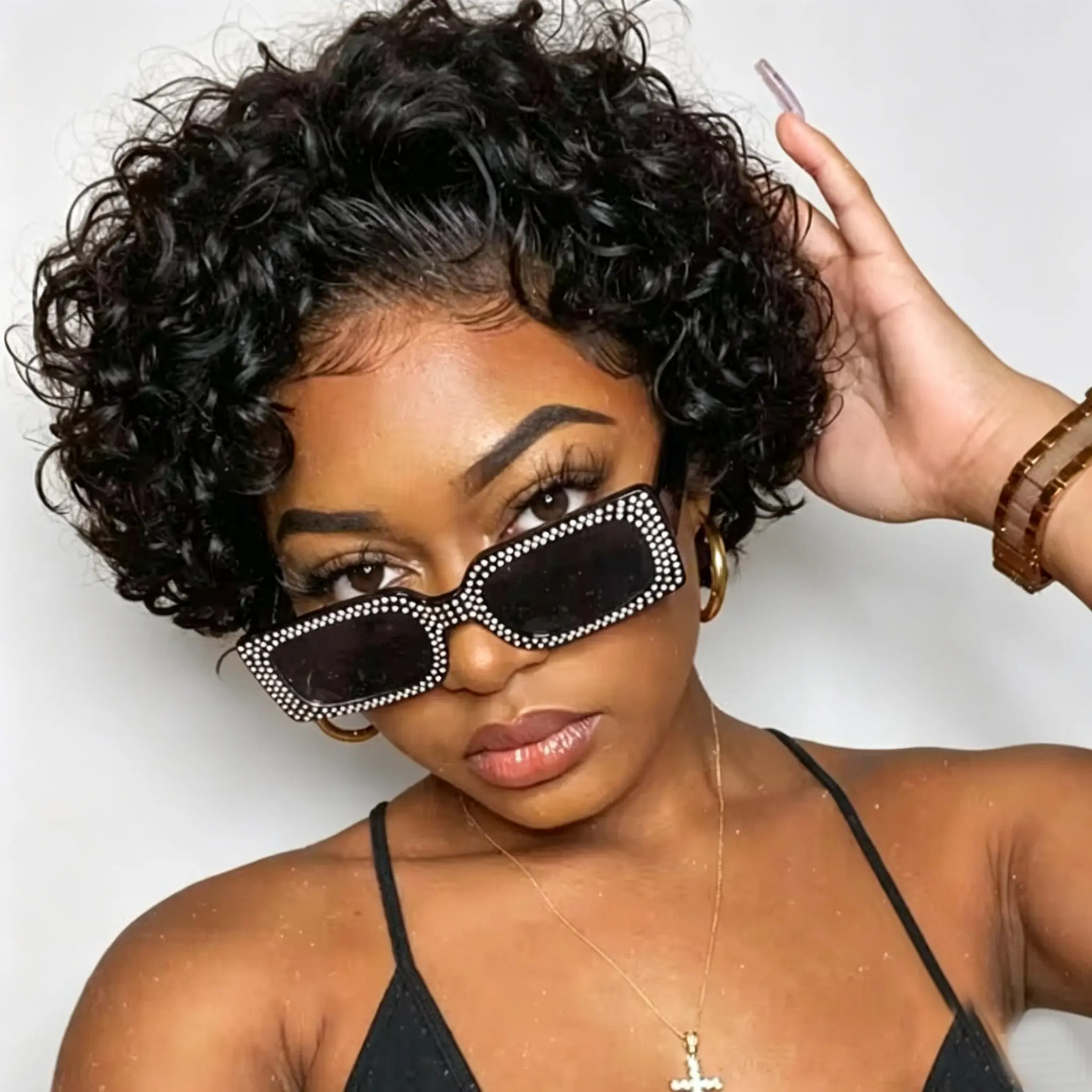 [MYLOCKME ]  Pixie Cut Wig Human Hair 13x1 Lace Frontal Wigs Short Bob Human Hair Wig For Women Spring Curl Natural Black Color Curly Bob Wig True Scalp Wig