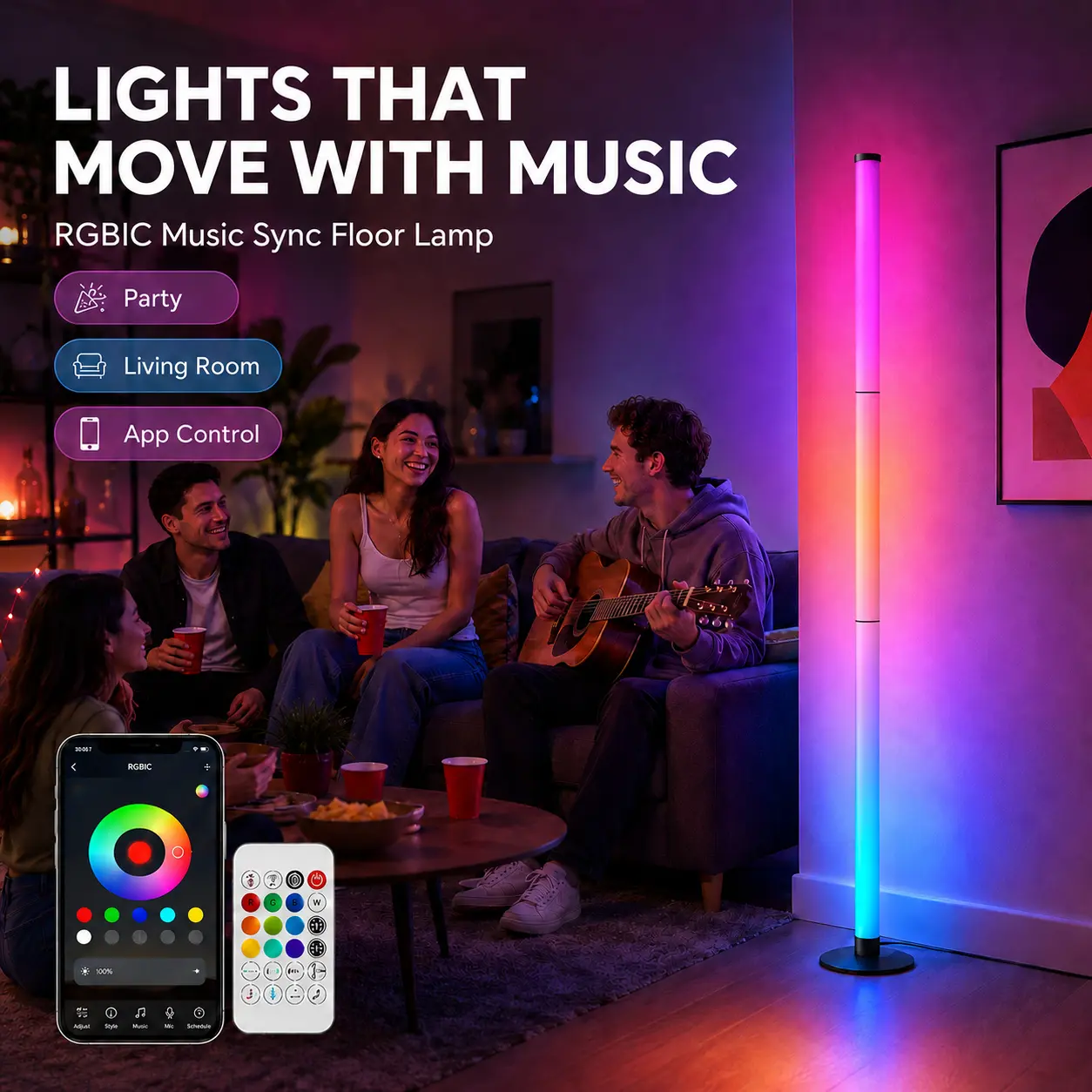 RGB IC LED Corner Floor Lamp Smart APP Control Remote Control Music Sync Dynamic Lighting DIY Colors Timer Scene Modern Ambient Light for Home Bedroom Gaming Room Party Deco