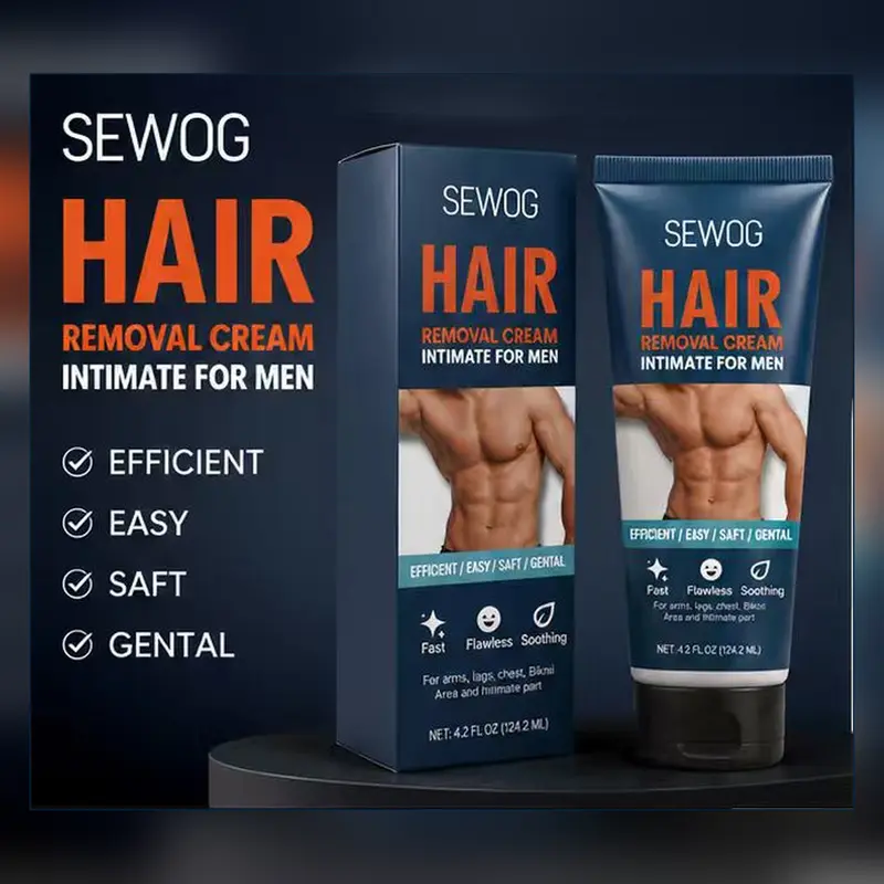 SEWOG Men's Depilatory Cream - 5-8 Min Smooth Hair Removal, Irritation-Free Soothing Formula for Sensitive Skin, Works on Chest, Arms, Legs & Below-The-Belt Areas, Gentle Wipe-Off, Anti-Razor Bump, Long Lasting