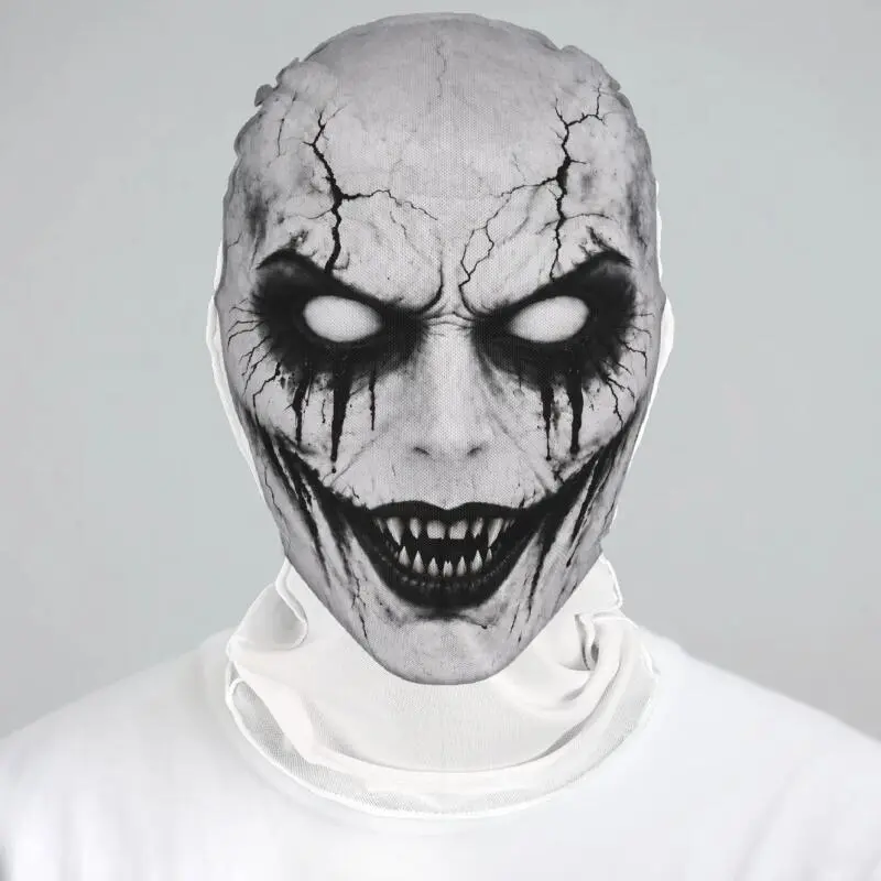 Adult Flat-Print Cracked Demon Mesh Balaclava, Creepy Grinning Fangs Full-Face Mask, Dripping Black Tear Horror Prop, Halloween Cosplay, Spooky Party & Trick-or-Treat Accessory