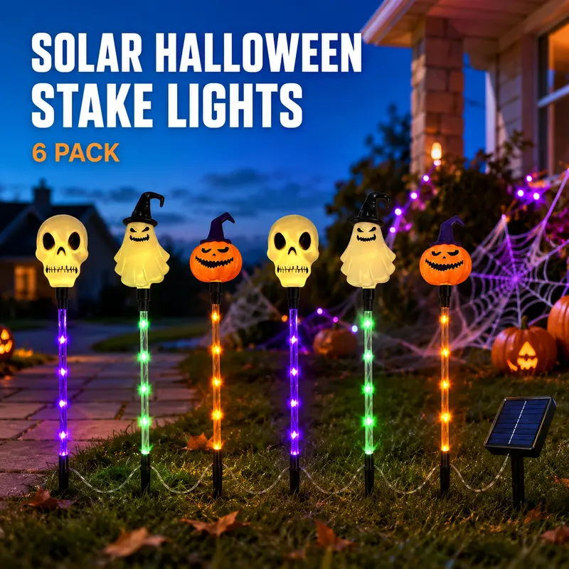 6-Piece Solar Outdoor Halloween Aesthetic Lights Set - Glowing Ghost Decor, Spooky Shapes Skeleton, Pumpkin, Plastic Frame, 8 Lighting Modes, IP65 Waterproof for Lawn, Sidewalk Holiday Decorating