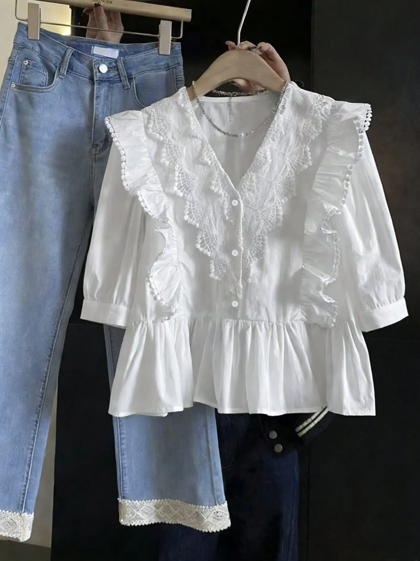 Women's Solid Color Fashion Feminine Ruffled Lace Patchwork Ruffle Short Sleeve Blouse Shirts Top Blouse Tops Womenswear, Casual Elegant Elegance Vacation Style, All Season Wear