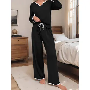 Women's Solid Contrast Binding Casual Lounge Set, Long Sleeve Notched Neck Top & Pants, Comfortable Relaxed Fit For Fall