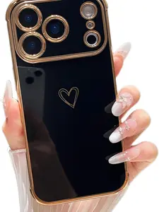iPhone 17 Pro Case 6.3 inch,Cute Plating Edge Love Hearts Pattern with Camera Lens Protection Phone Cover for Girls Women,Black