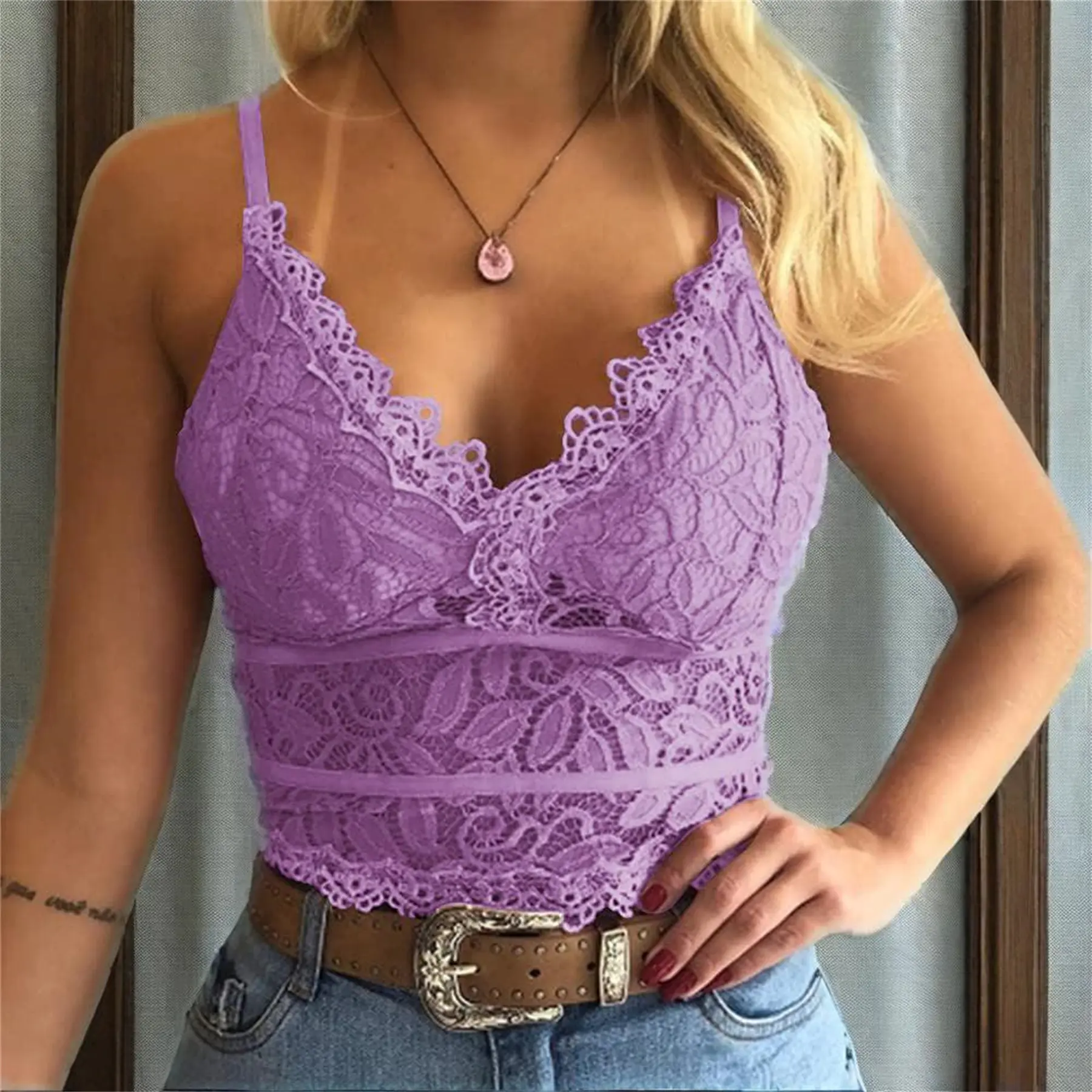 V-neck Women's Soft Casual Lace Crochet Spaghetti Strap Cami Crop Top Camisole