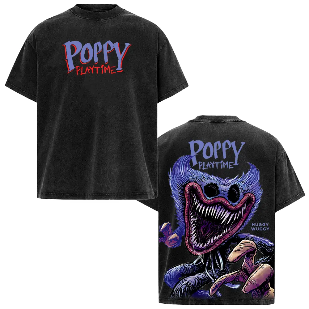 Huggy Wuggy Poppy Playtime Washed Tee – Double Trouble Plushies on Oversized Washed Shirt | Hold On Tight or Scream Louder