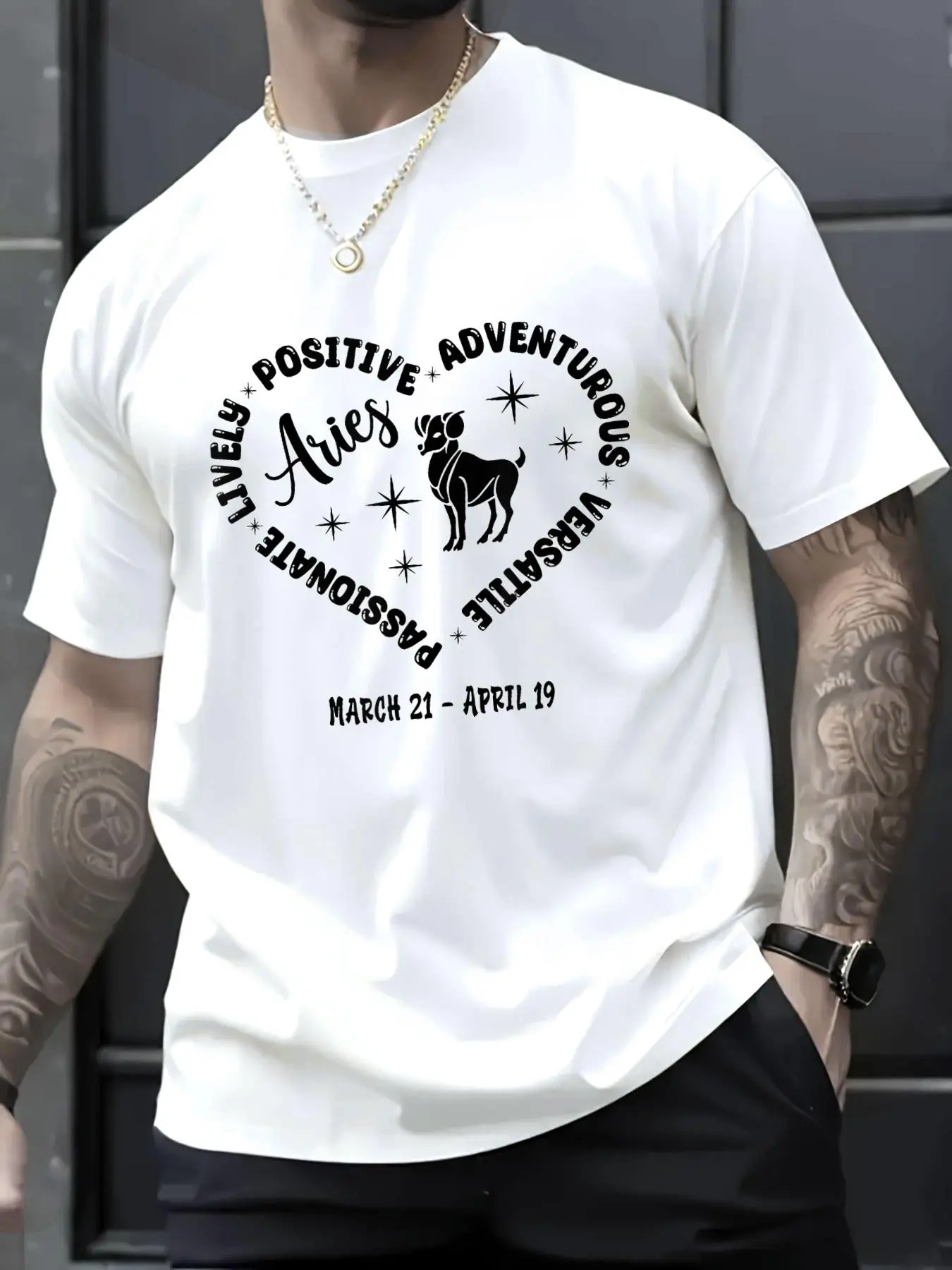 Aries Zodiac Graphic T-Shirt, Men's Casual Loose 100% Cotton Shortsleeve Round Neck Astrology Tee for Daily Wear, Menswear, Soft, Jackets