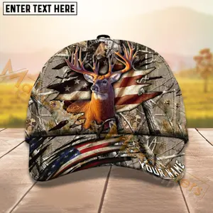 Deer Hunting USA Flag Crack Camo Pattern Personalized Name 3D Cap for Deer Hunter - Cotton, Adjustable Strap, Unisex, Casual Baseball Cap