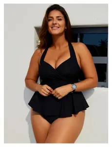 Plus Size Tankini Set - Black Peplum Swimsuit for Women - Halter Two Piece Bathing Suit - Tummy Control Swimwear - Modest Swimsuit for Beach, Pool, Vacation - Sizes 12-30