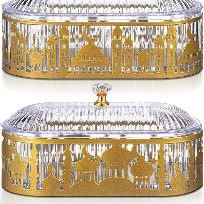 1 pc Ramadan Tray with Lid Metal Gold Eid Mubarak Plates Ramadan Moon Candy Dish Table Decorations Food Serving Tray Islam Muslim Al-Fitr Cookie Storage Container for Eid Party Supplies