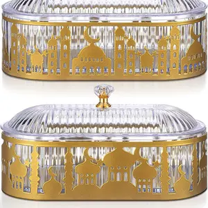1 pc Ramadan Tray with Lid Metal Gold Eid Mubarak Plates Ramadan Moon Candy Dish Table Decorations Food Serving Tray Islam Muslim Al-Fitr Cookie Storage Container for Eid Party Supplies