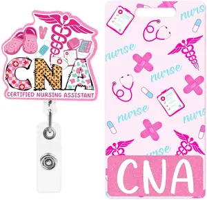 Badge Reel Retractable with Badge Buddy - CNA Certified Nursing Assistant Badge Reel and CNA Badge Buddy, Glitter Cute Pink Nursing Badge Reel, Acrylic Badge Clip Retractable, Gifts for CNA Nurse