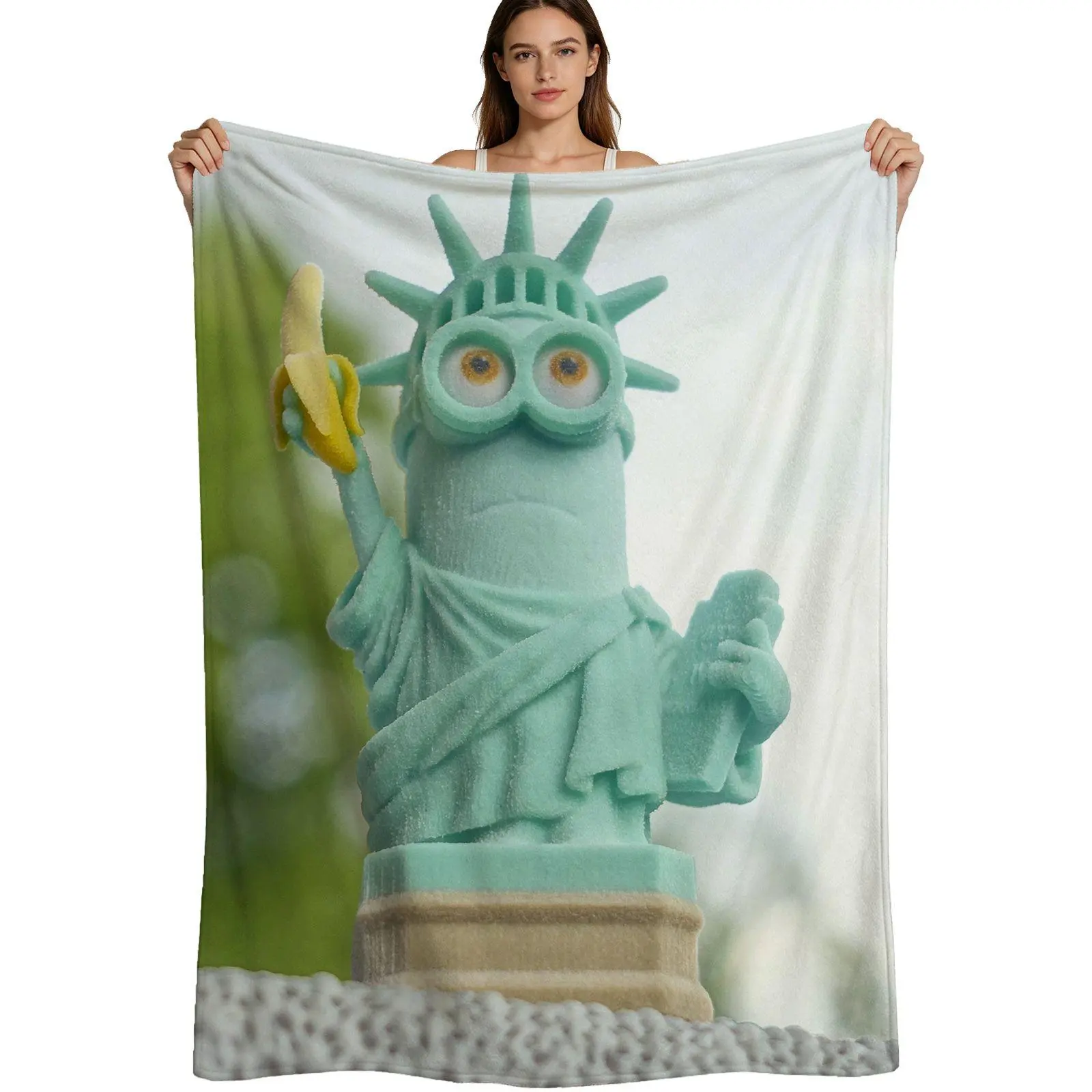 Cute Minion Style, Warm Flannel Blanket, Statue Of Liberty Banana Design, Soft Fleece Fabric Detail, For Kids And Movie Fans, 4 Sizes Available Single Pack