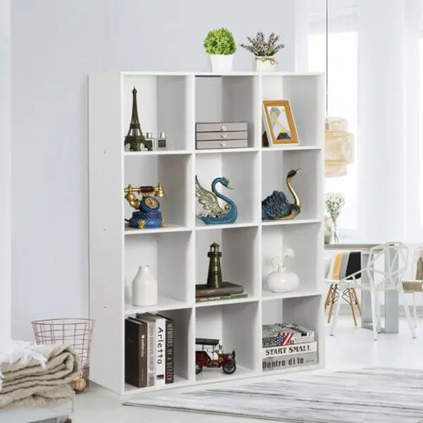White 1 x 12-Cubes PB Panel Storage Organizer Cabinet - Cubic Grid Design, Vertical/Horizontal Flexible Layout Shelves, 1 x Instruction, Simple Steps Make Setup Easy, Shape It Your Way, for Kid Room, Home Office Decor