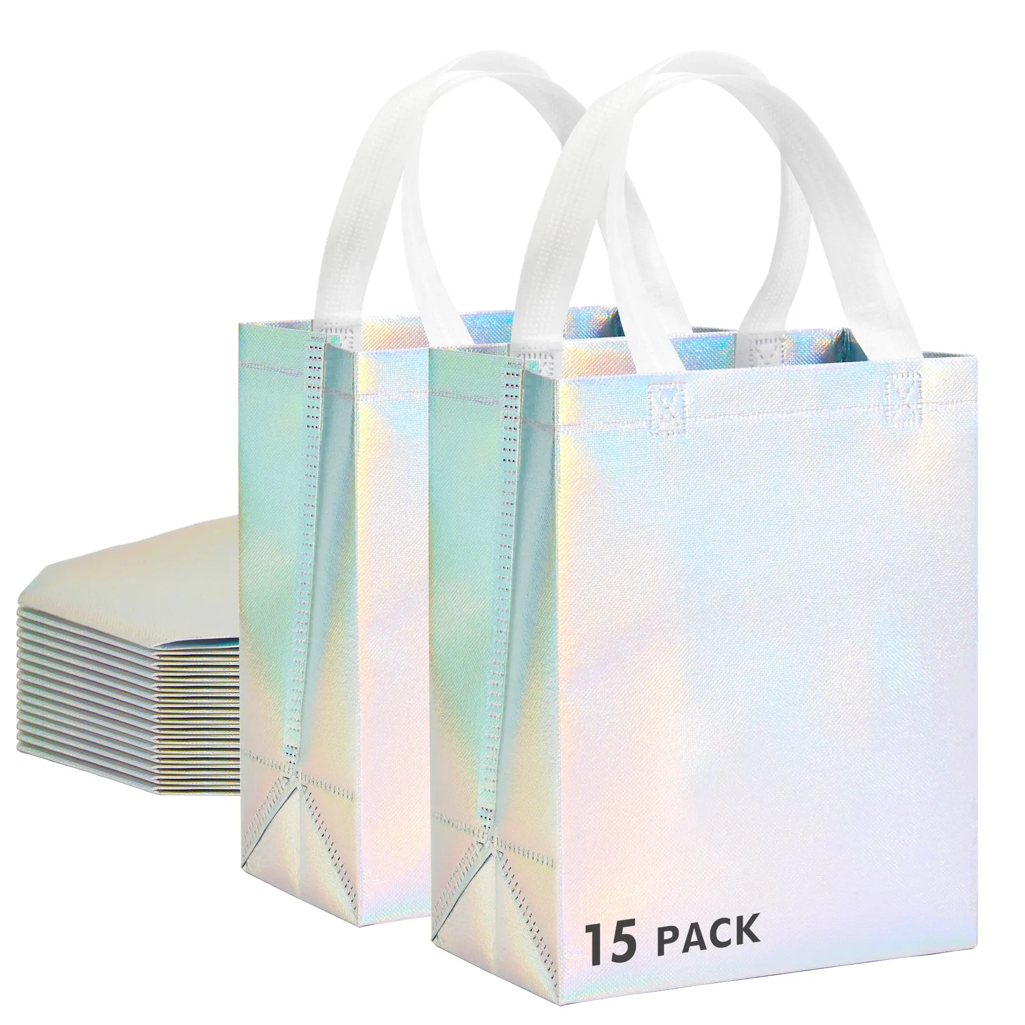 15 Pcs Iridescent Holographic Glossy Gift Bags - 8x4x10 In Medium, Reinforced Bottom, Tear-Resistant, Reusable Handle, Office Stationery Supplies for Birthday-Themed Gifts & Wrapping, Party Favors