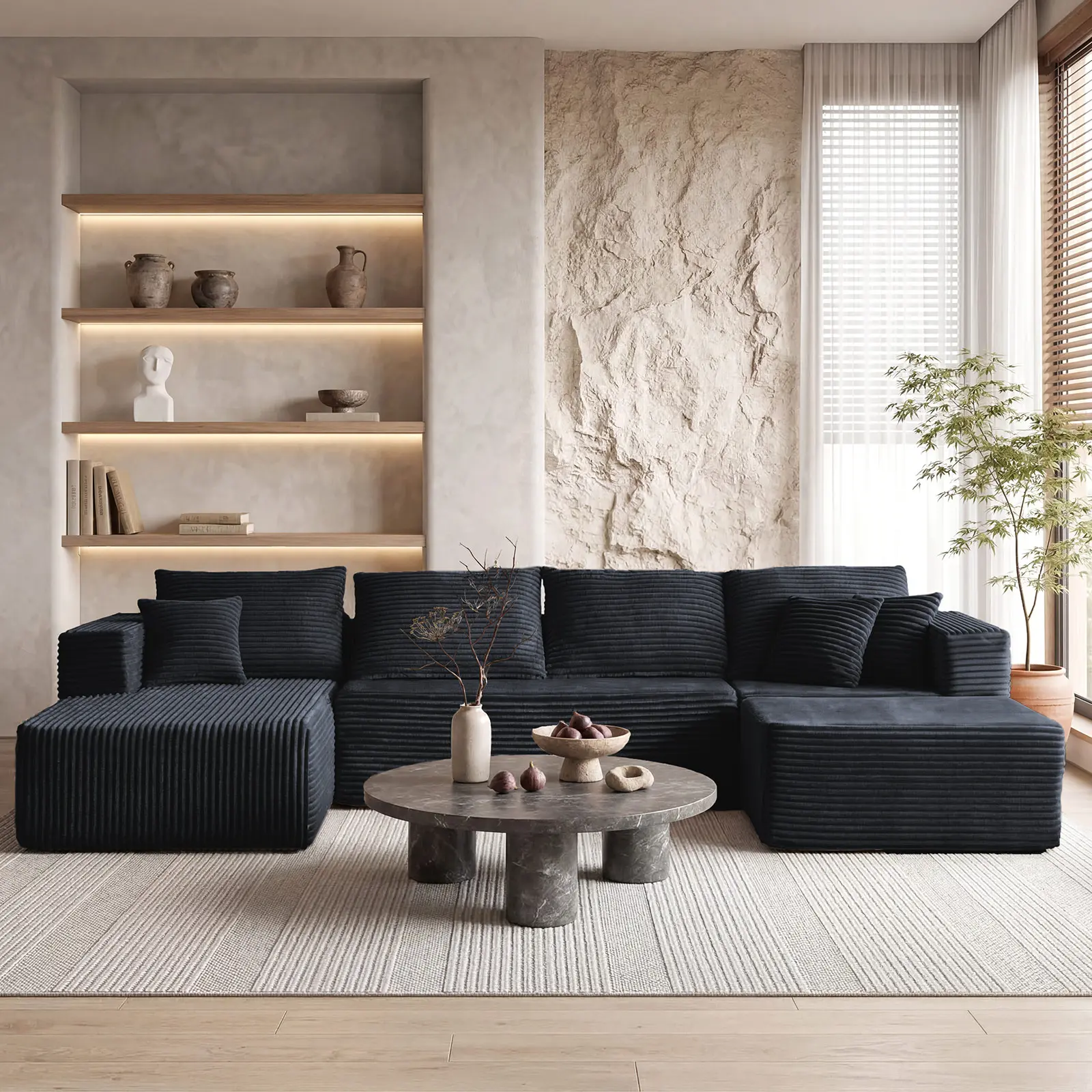 【2 Packages Shipping】MODMOOD 133" Plush Corduroy Cloud Velvet Modular Boneless Couch with Chaise & Ottoman, No Assembly Required - L/U-Shaped Sectional Sofa Set ,   Summervibes Breathable Stain-Resistant Recliner expandable