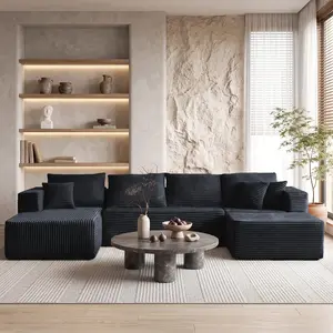 【2 Packages Shipping】MODMOOD 133" Plush Corduroy Cloud Velvet Modular Boneless Couch with Chaise & Ottoman, No Assembly Required - L/U-Shaped Sectional Sofa Set ,   Summervibes Breathable Stain-Resistant Recliner expandable outdoorfun