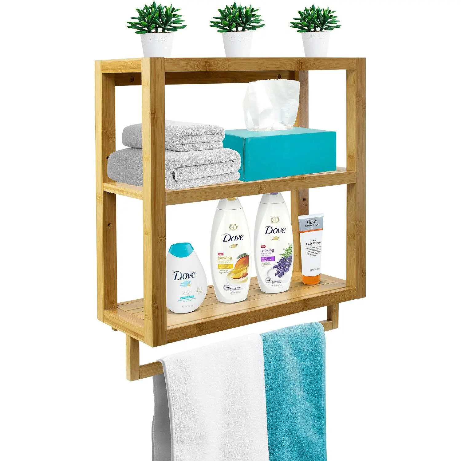 Sorbus Bamboo 3-Tier Wall Shelf with Towel Rail Bar - Bathroom Organization Solution for Bathroom, Kitchen Storage and Display