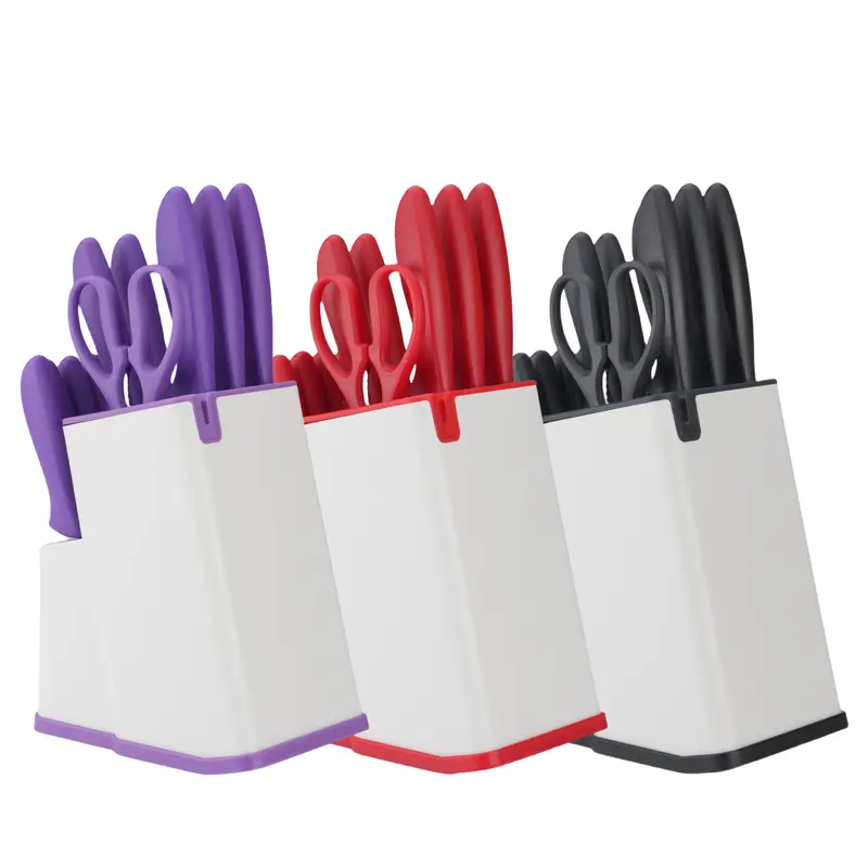 15-Piece Durable Kitchen Knives Block Set with Plastic Handle, Modern Container, Scissors, Sharpener, Meat Cutter, Veg & Steak Cutting Tools, Washable Kitchen Accessories Gift Set