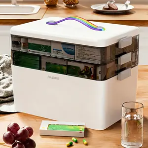 JoyBos White medical storage box with handle 3-Tier Medical Organizer - Portable Empty First Aid Kit with Leather Handle, BPA-Free Medical Box for Home, Office & Travel, Durable & Easy Access Organizing