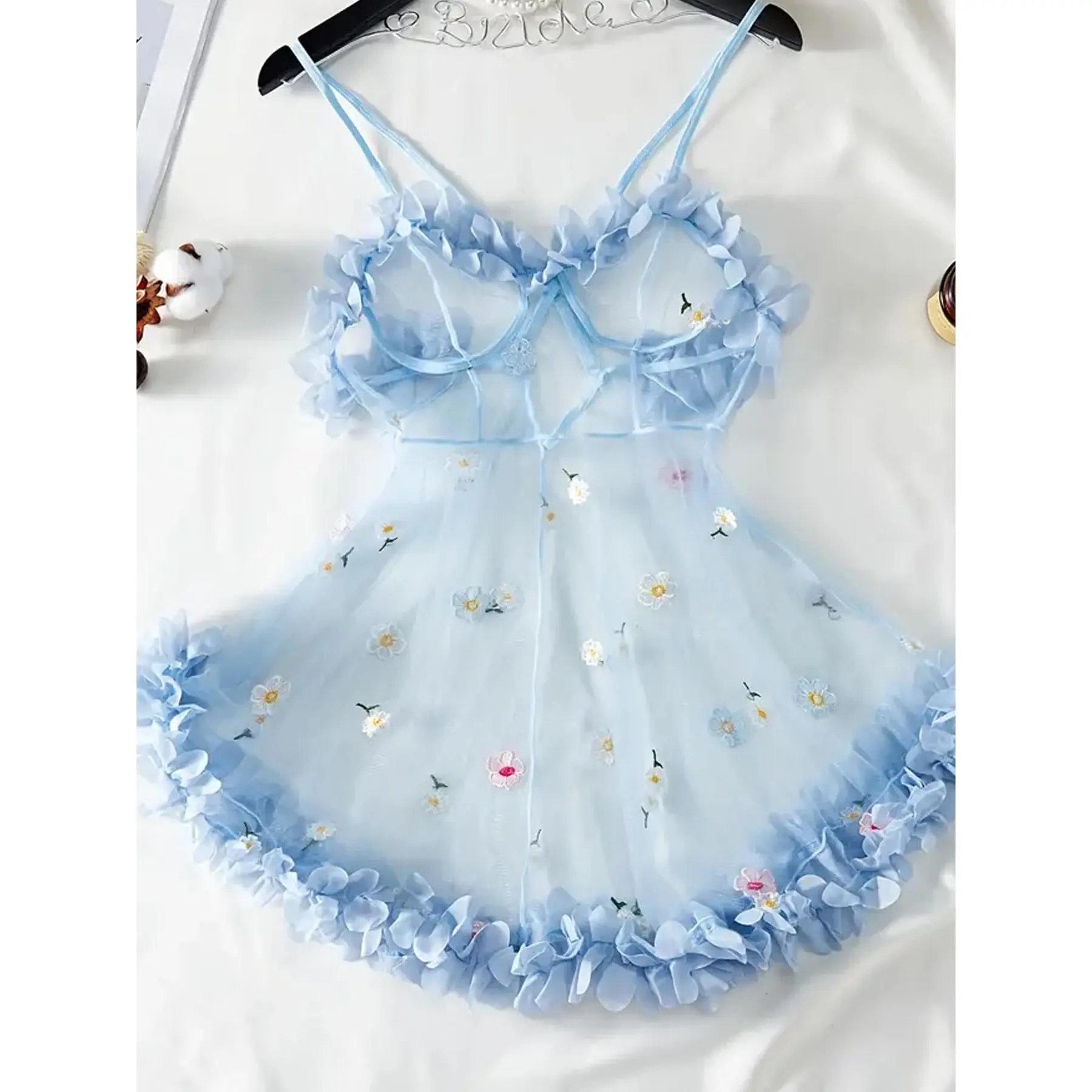 Womens Sexy Lingerie Flowers Trim Sleepwear Nightwear Underwear Babydoll Dress Set
