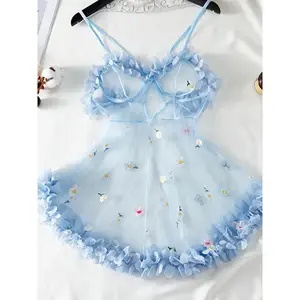 Womens Sexy Lingerie Flowers Trim Sleepwear Nightwear Underwear Babydoll Dress Set