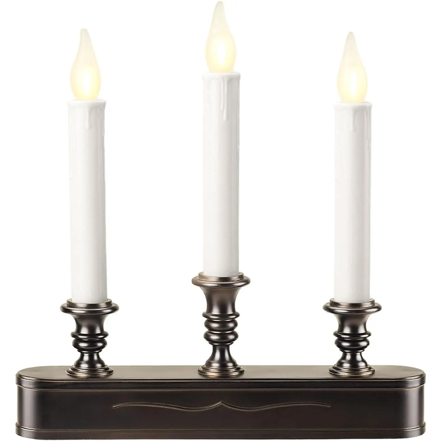11.5in Black Antique 3-Tier LED Window Candelabra - Battery-Operated Flicker Flame Light, Decorative Plastic Candle Holder with 8H On/16H Auto Cycle Timer for Christmas, Wedding Festivals