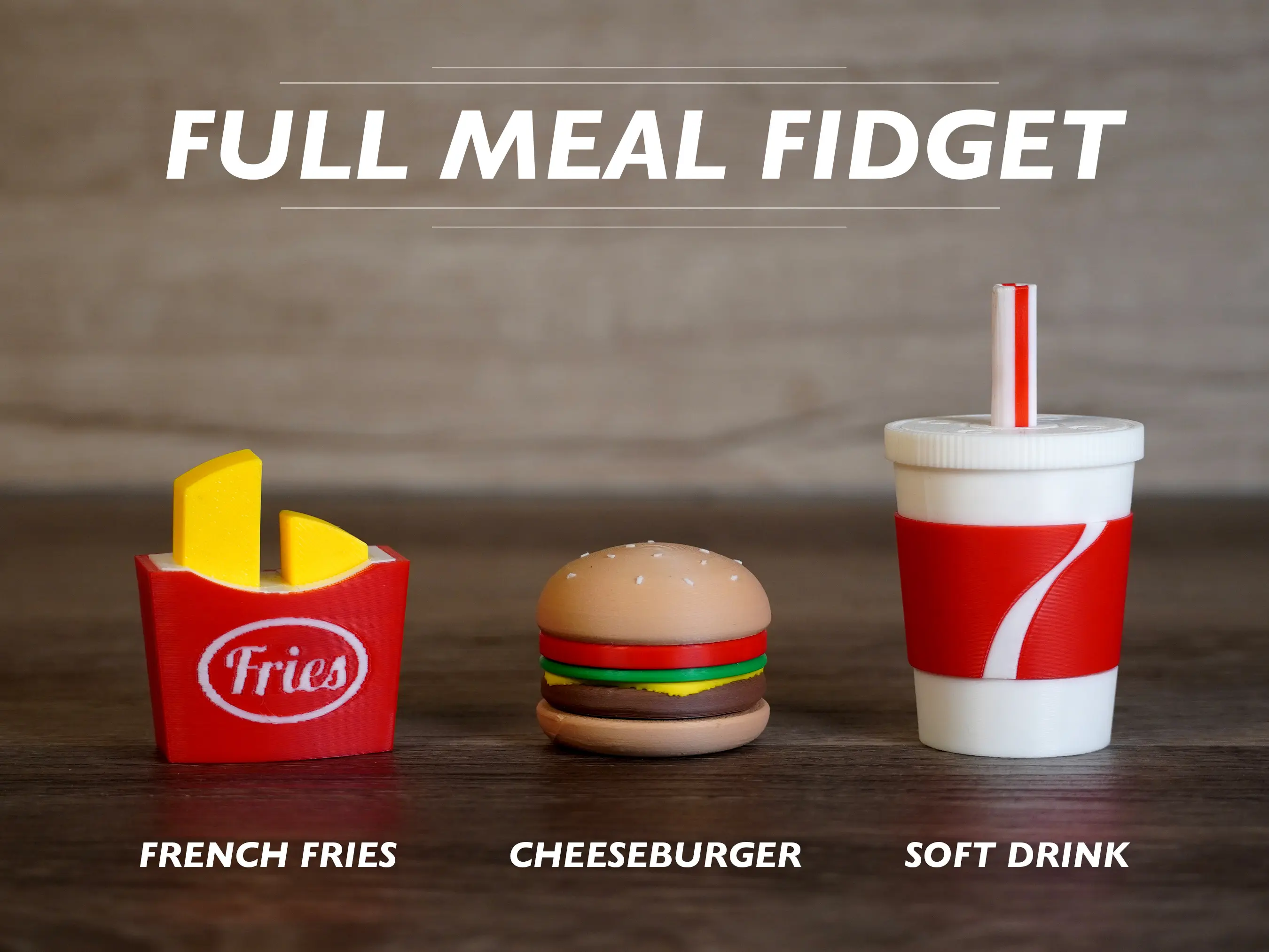 Full Meal Fidget Toys - Cheeseburger, Fries and a Drink! Magnetic Slider, Clicker, Twister, Pusher. So satisfying and stress relieving. Comes in a fun to go package bag complete with receipt!