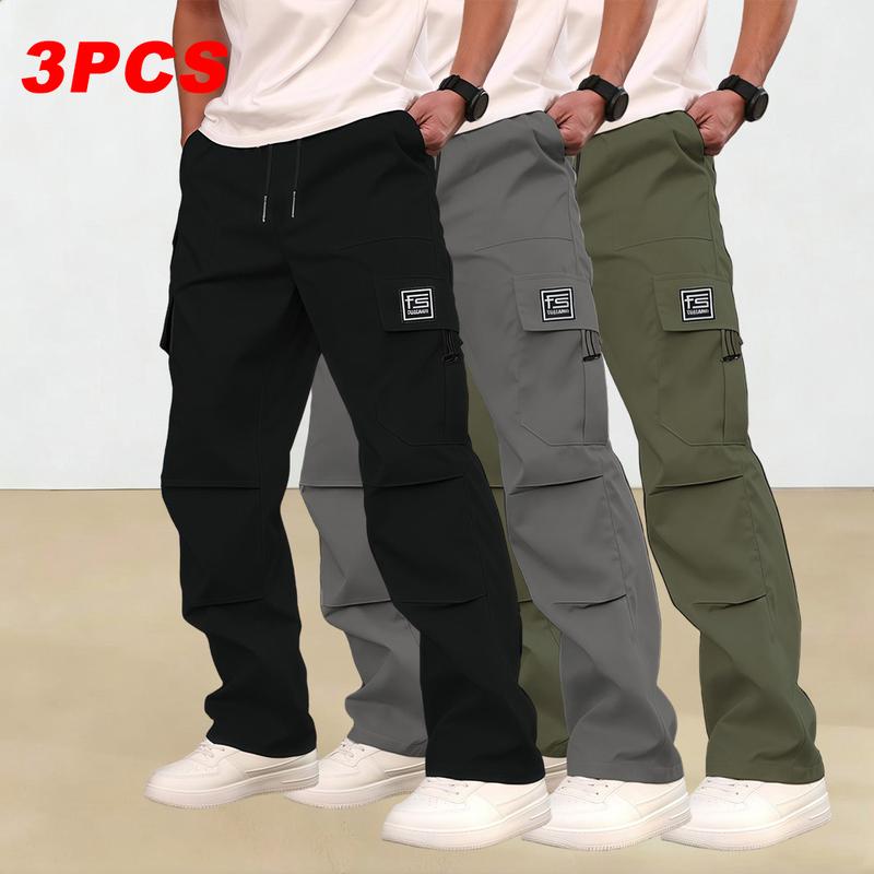 Men's multi-pocket work pants, 3-pack, suitable for all seasons and machine washable; mid-rise with drawstring closure; non-stretch polyester fabric; casual wear with pockets; versatile cargo pants