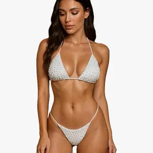 Bronxinit Pearl-Embellished White Bikini Set Two Piece Swimsuit with Halter Top Side-Tie Bottom Stretch Material US One-Size Small/Medium
