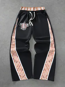 Men's Vintage Twin Eagle Badge Striped Sports Pants, Elastic Waist Drawstring Streetwear Wide Leg Pants, American Retro Casual Sweatpants
