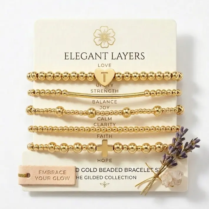 Tarnish-Proof Gold Bracelet Stack, Minimalist Layered Beaded Bangles with Cross Charm, Everyday Accessories for Women
