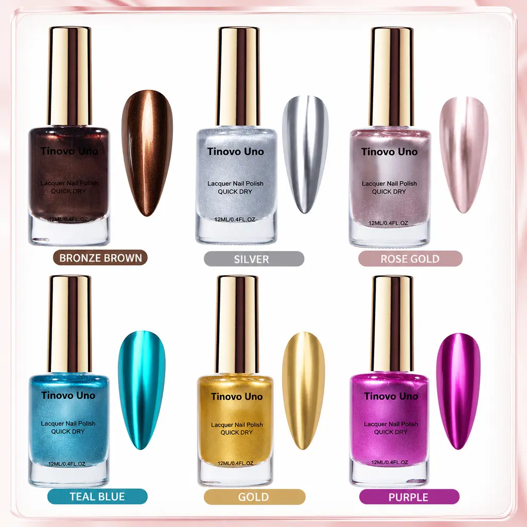 Tinovo Uno Metallic Quick Dry Nail Polish, Mirror Chrome Shiny Nail Lacquer for DIY Home Manicure Nail Art, Smooth Even Coating, Sold Individually, 12ml Per Bottle
