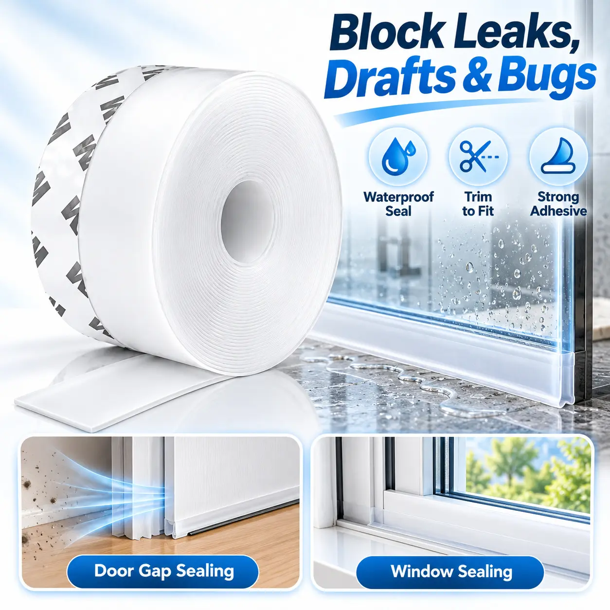 Self Adhesive Silicone Weather Stripping, 16.4 Ft x 1.38 In Clear Door Window Seal Strip, Waterproof Flexible Draft Stopper Tape, Cuttable Gap Sealing Strip for Shower Doors, Windows, Sliding Doors and Home