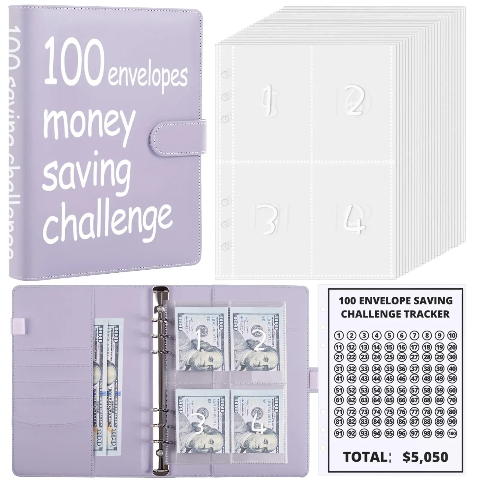 SKYDUE A5 Size Polyurethane Leather Waterproof Durable Binder - Easy to Use, Tear-Resistant, with 100 Preprinted Cash Envelopes, Laminated Sheets, $5050 Savings Challenge Book, Financial Planner for Budget Planners & Friends and Family
