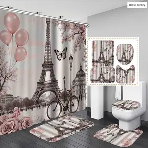 1/3/4PCS Romantic Eiffel Tower Balloons Bike Flowers Shower Curtain Set with Rugs, Non Slip Bath Mat, U-Shape Carpet, Toilet Lid Cover, Bathtub Curtain Accessories, 12 Hooks, Home Bathroom Festival Decor