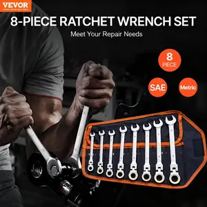 VEVOR Flex-Head Ratcheting Wrench Set, 8-piece Combination Wrench Set with Roll-up Pouch, Cr-V Steel Flexible Ratcheting Wrench Set Metric 8-17mm SAE 5/16" to 3/4", Ideal for General Household, Workshop, Garage