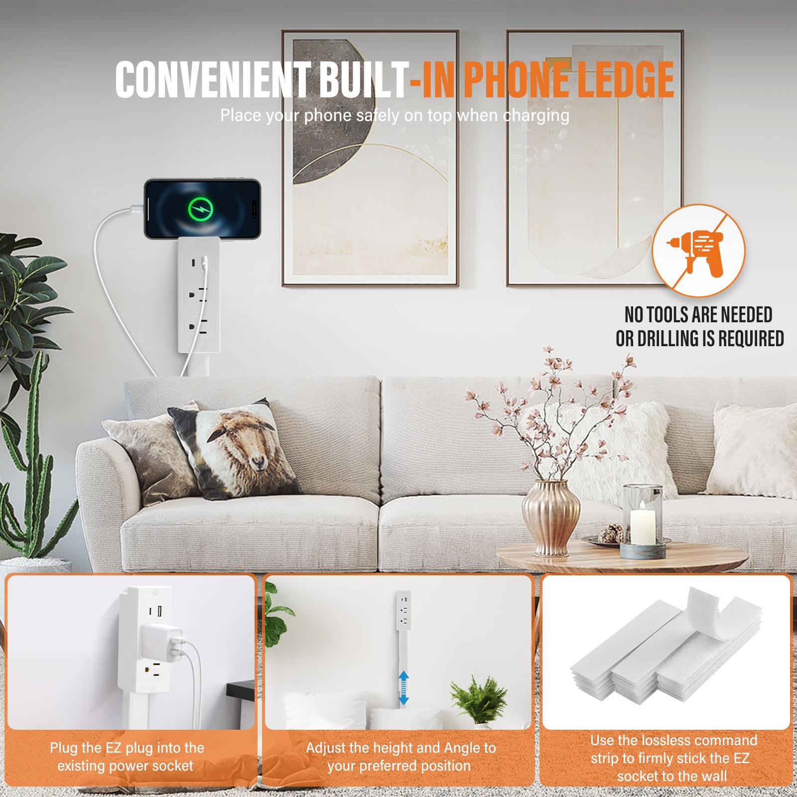 Electrical Outlet Extender Stick - Power Socket Expander, 180° Rotatable Outlet for Hard to Reach Areas, with USB-A, USB-C & 2 AC Outlets, Perfect for Behind Couches, Nightstands & Desks