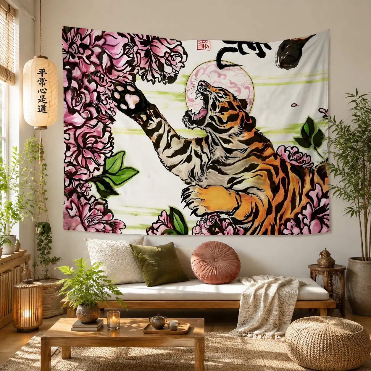 Tiger Wall Tapestry, Asian Aesthetic Room Decor, Large Floral Animal Print, Tiger Abstract Wall Tapestry for Hallways or Staircase Walls - Adds Depth and Character to Transitional Spaces