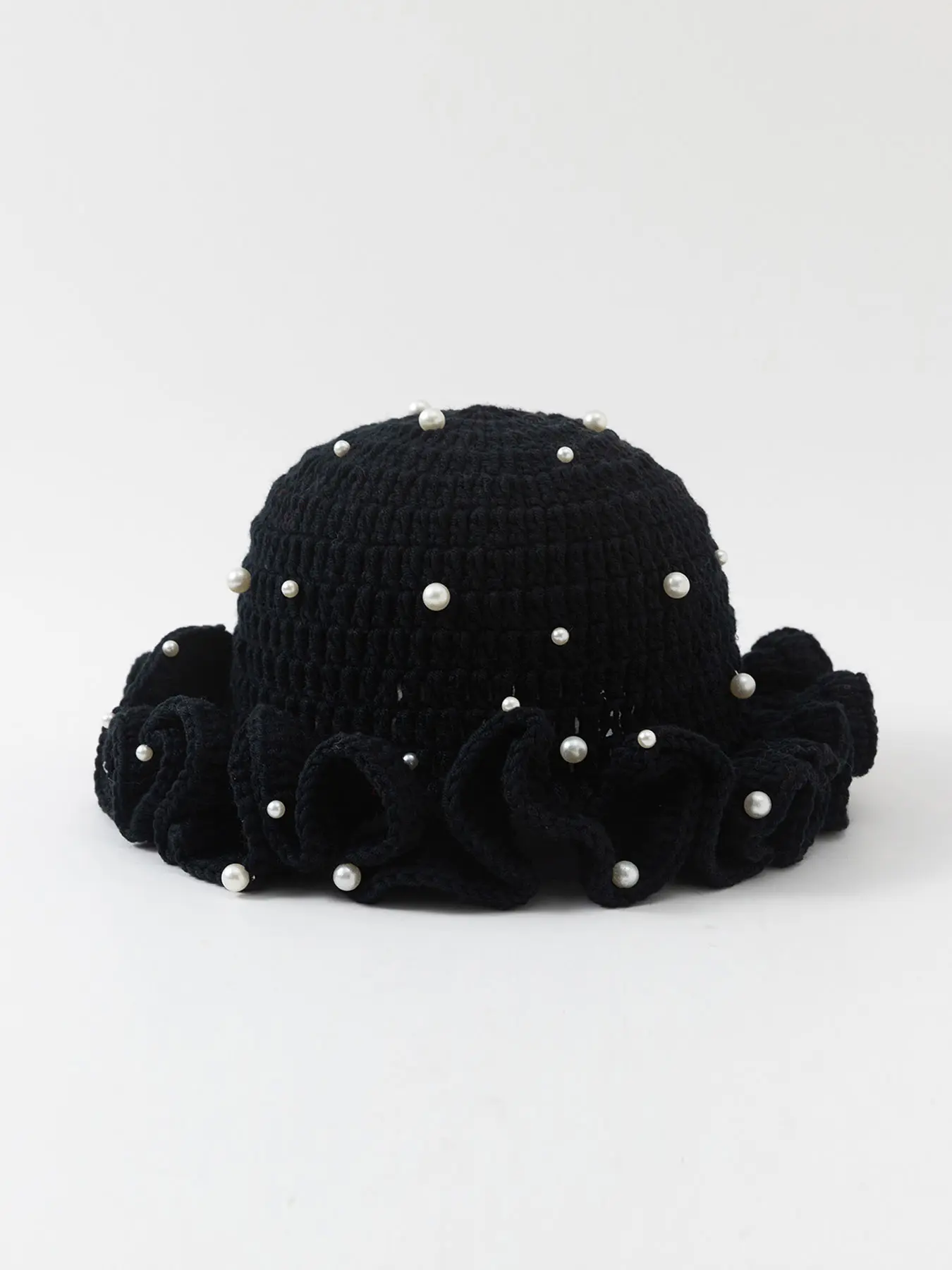 1piece Ladies' ruffled bucket hat with pearl solid color knitted hat, hollowed out handmade crochet, lace fisherman hat, outdoor travel basin hat, suitable for autumn and winter clothing matching, Fashion Matching Hat
