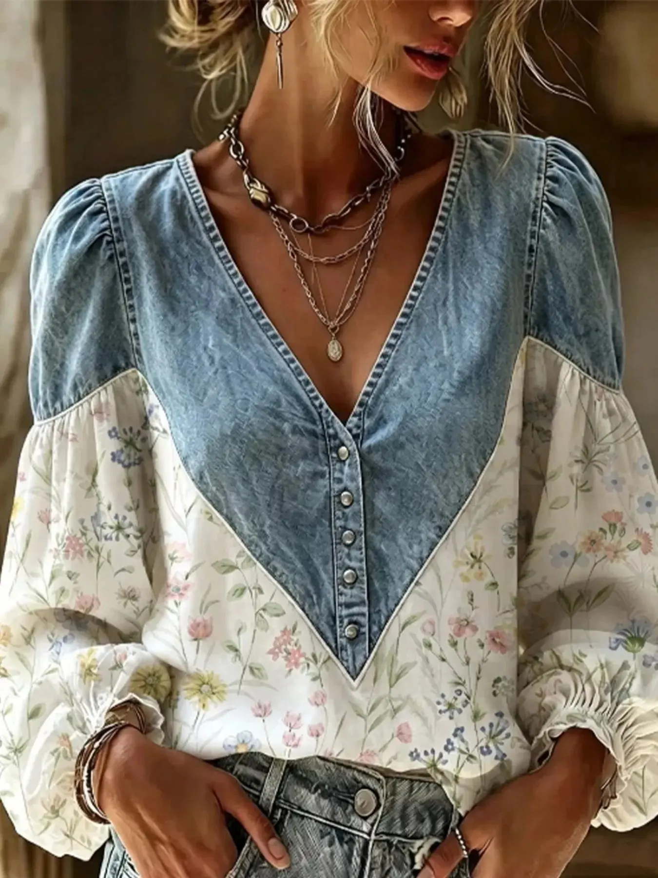 Denim & Floral Patchwork Top
