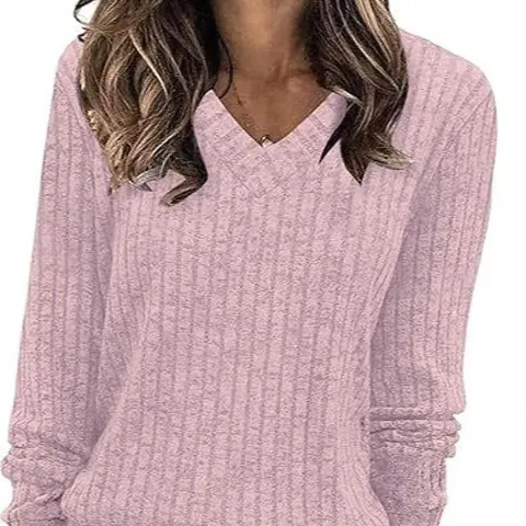 Women's Plain V Neck Fitted T-Shirt, Casual Long Sleeve Knitwear Tee Top for Fall & Winter, Fashion Ladies' Clothing for Daily Wear