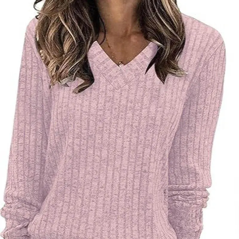 Women's Plain V Neck Fitted T-Shirt, Casual Long Sleeve Knitwear Tee Top for Fall & Winter, Fashion Ladies' Clothing for Daily Wear