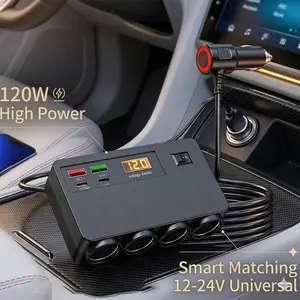 Nuokaiqi 8-in-1 Car Charger Adapter, 120W High Power Fast Charging Splitter with 4 Sockets, 2 Type-C & 2 USB Ports, LED Voltage Detection, Independent Switch, 12V/24V Universal