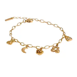 Bella Charm Bracelet with Heart, Moon, and Lock Charms in Gold Tone