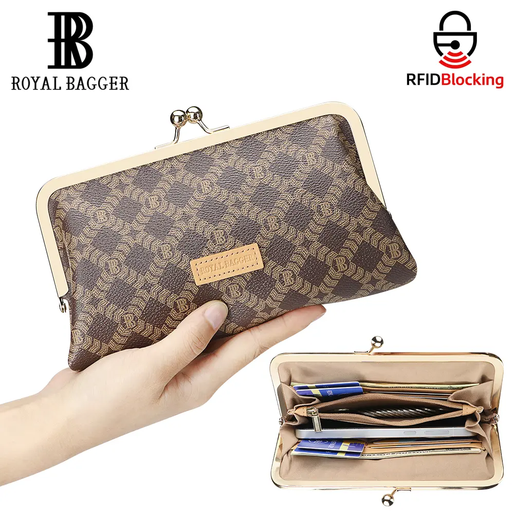 Royal Bagger Women's RFID Shielded Multi-Functional Wallet - Signature Coated Canvas & Cowhide Leather Kiss Lock Clutch, Wallets Women, Athletic & Casual Use, Do Not Wash Card Holder, Rfid Shielded Wallet