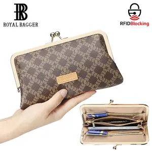 Royal Bagger Women's RFID Clutch Wallet, Signature Coated Canvas & Vegetable Tanned Cowhide Leather Kiss Lock Purse, Multi Card Holder 5468