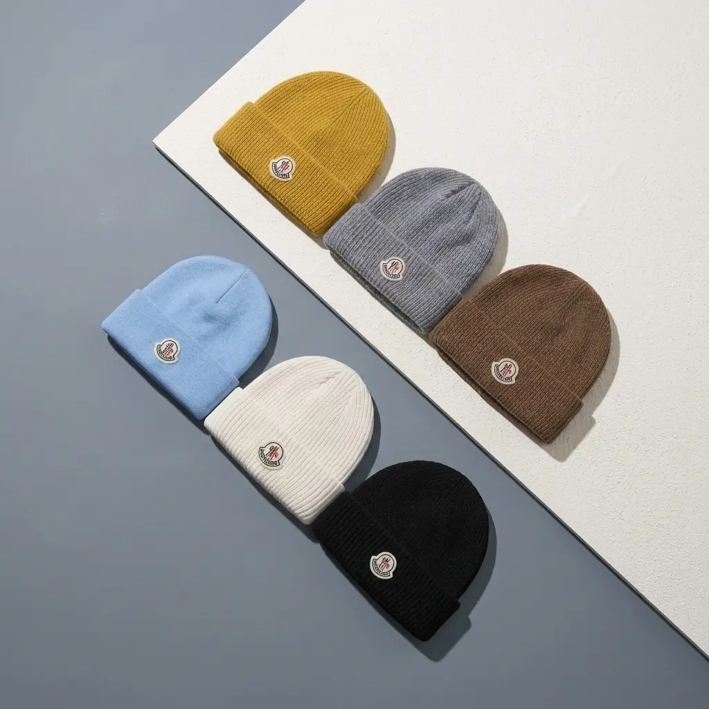 Moncler Felt Logo Patch Ribbed Knit Beanie Multi-Color Variant Grid | Luxury Winter Warm Skull Caps