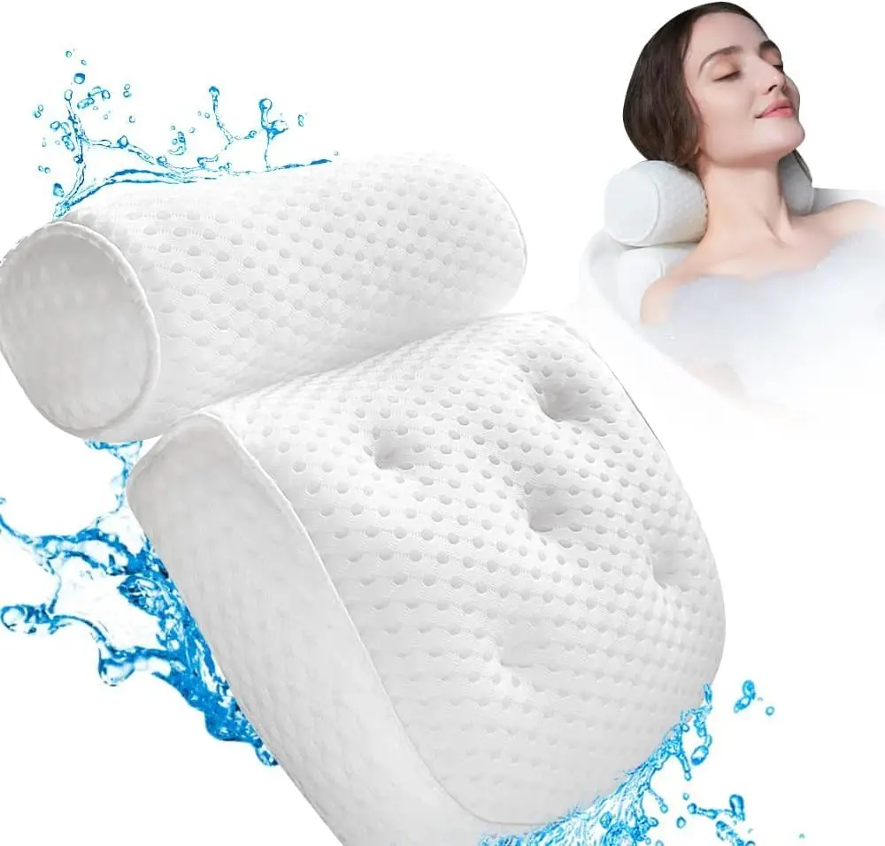 Bathtub Pillow for Men and Women, Bath Pillows for Tub with 4D Waterproof Air Mesh Material Technology and 7 Non Slip Suction Cups, Bath Pillows for Tub Neck and Back Support Accessories drain Easy to Wipe, with Hand for Hanging Towel Stainless Steel
